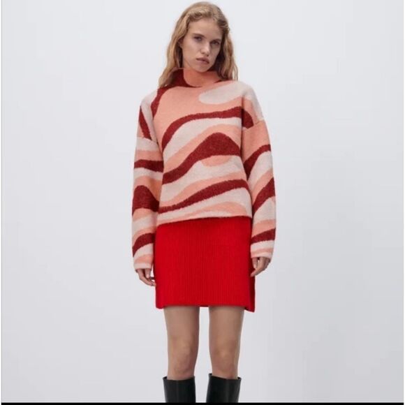 ZARA BLOGGER RED PINK RETRO MOD SWIRL JACQUARD KNIT MOCKNECK SWEATER TURTLENECK - Picture 9 of 13